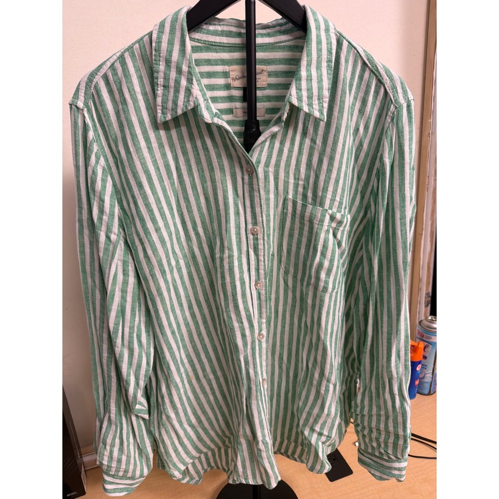 Universal Thread Green White Striped Relaxed Fit Linen Blend Button Down Shirt L
